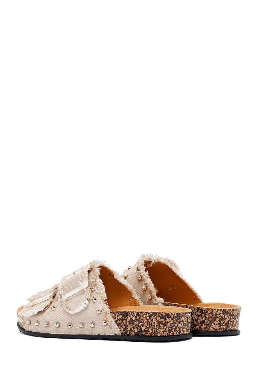 Women's Beige Double Buckle Studded Fabric Slippers