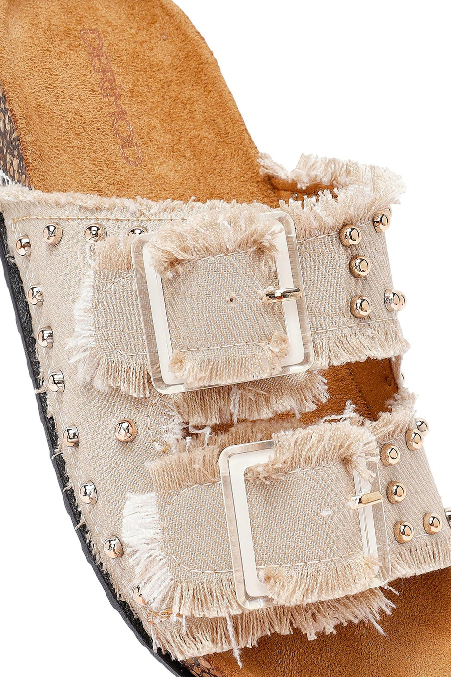 Women's Beige Double Buckle Studded Fabric Slippers