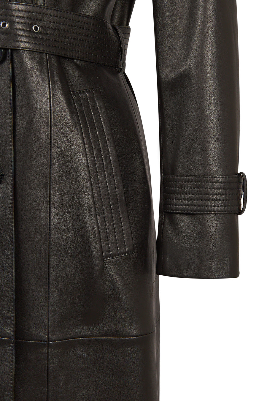 Evita Woman Black Leather Trench Coat with Belt Detail