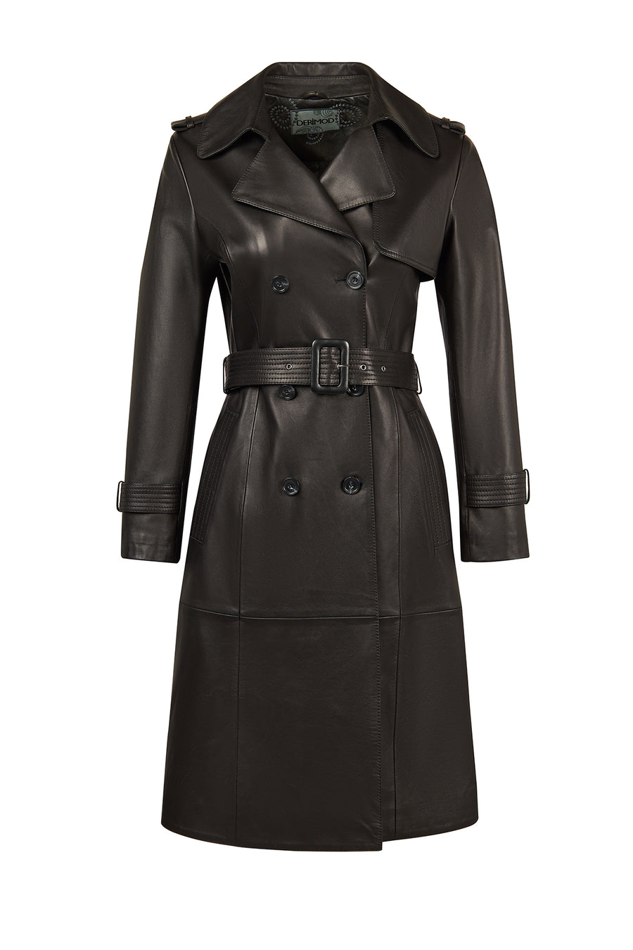 Evita Woman Black Leather Trench Coat with Belt Detail