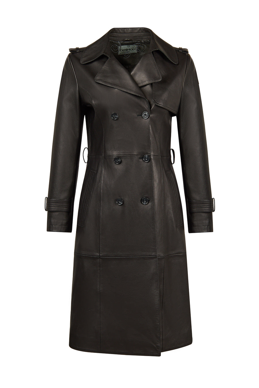 Evita Woman Black Leather Trench Coat with Belt Detail