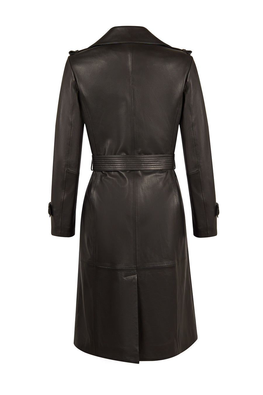 Evita Woman Black Leather Trench Coat with Belt Detail