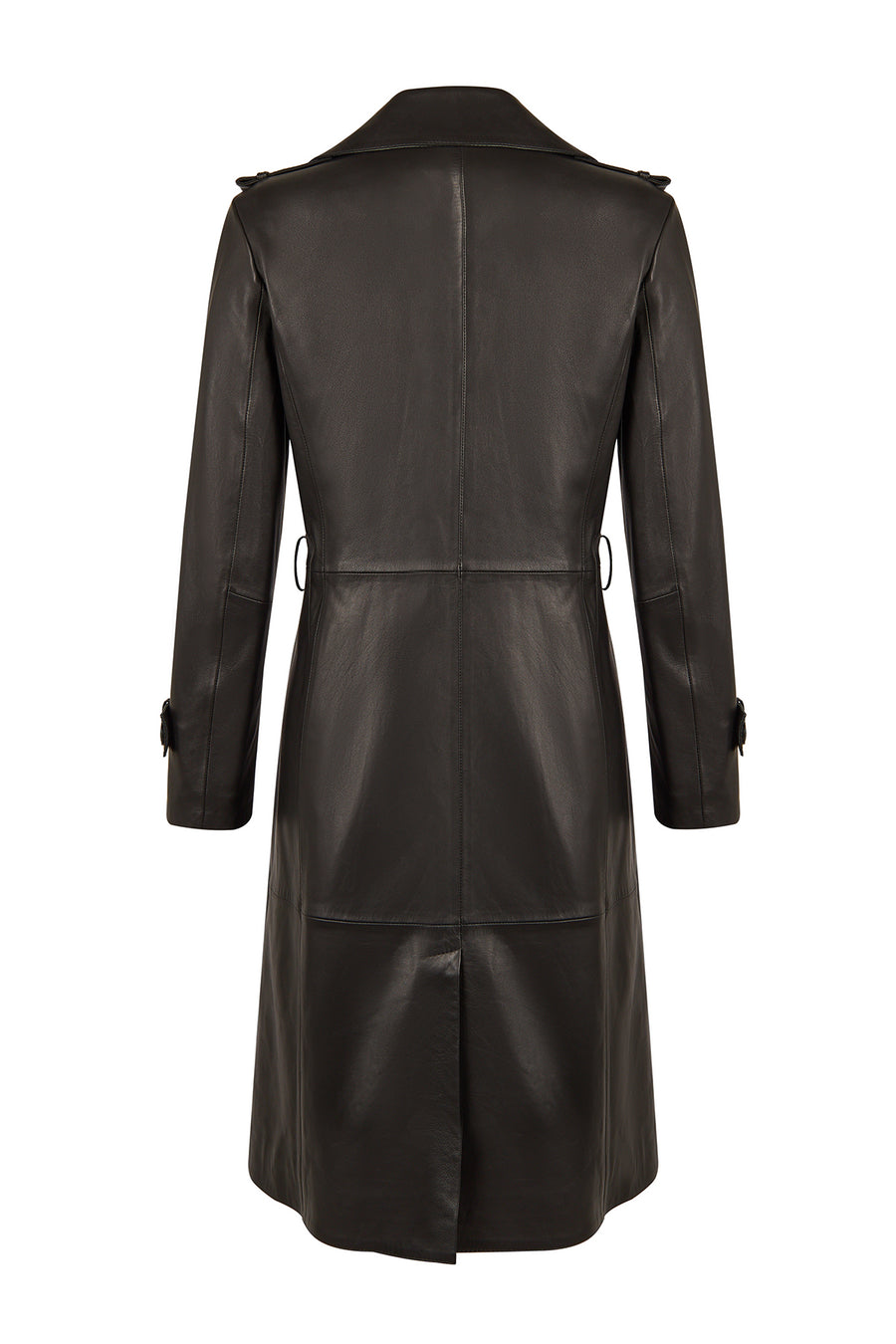 Evita Woman Black Leather Trench Coat with Belt Detail