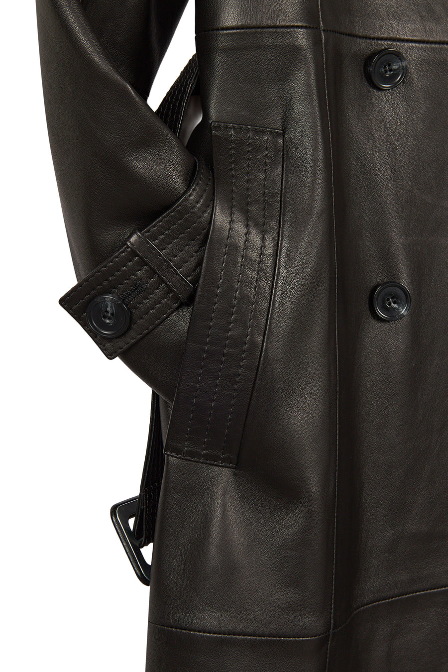 Evita Woman Black Leather Trench Coat with Belt Detail