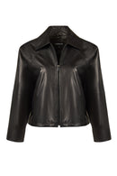 Miami Woman Black Oversize Short Leather Jacket | Derimod