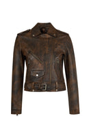 Newage Kadın Kahverengi Slim-Fit Biker Deri Ceket | Derimod