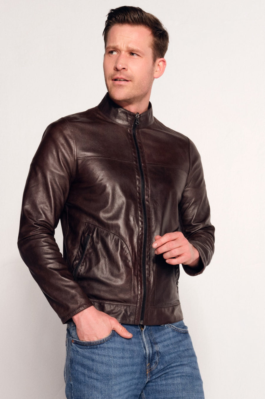 Clint Male Brown Mandarin Collar Double-Sided Suede Leather Jacket
