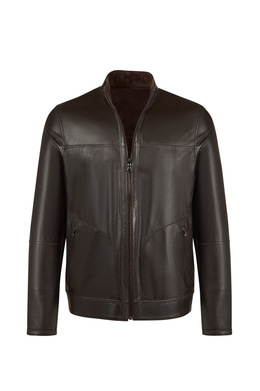 Clint Male Brown Mandarin Collar Double-Sided Suede Leather Jacket