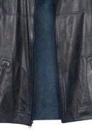 Clint Male Navy Mandarin Collar Reversible Suede Leather Jacket | Derimod