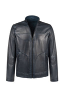 Clint Male Navy Mandarin Collar Reversible Suede Leather Jacket | Derimod
