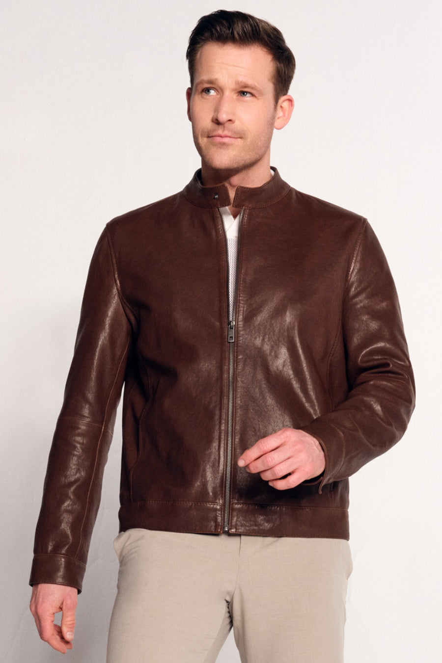 Mane Male Brown Mandarin Collar Leather Jacket 26SGD66002Z | Derimod