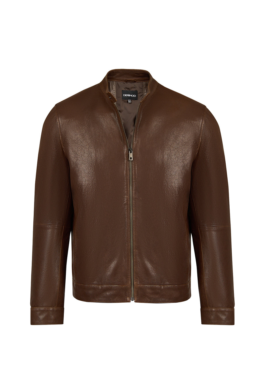 Mane Male Brown Mandarin Collar Leather Jacket