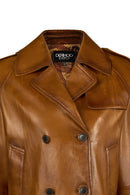 Gabriela Woman Camel A-Form Double-Breasted Leather Jacket | Derimod