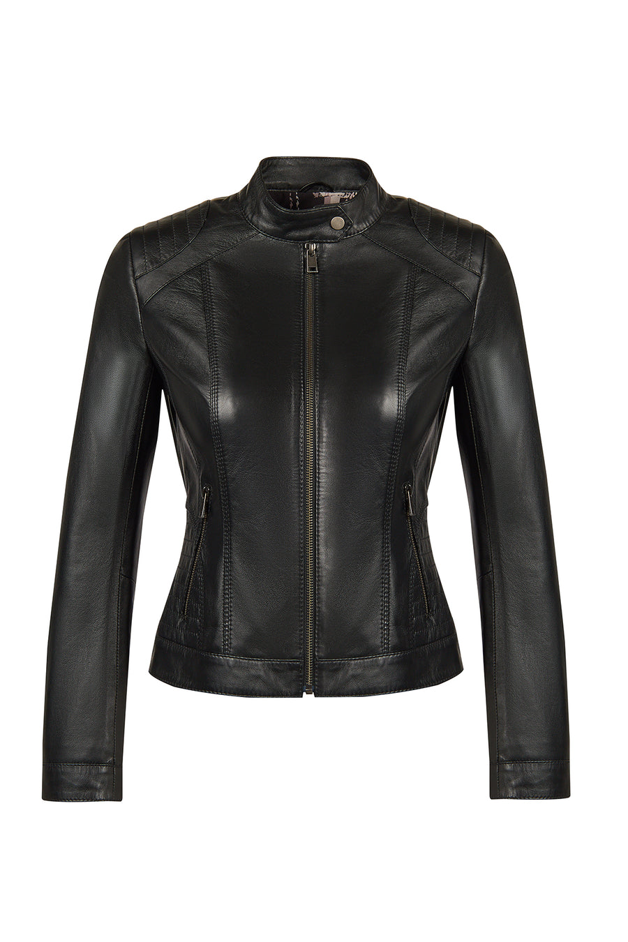 Sandy Woman Black Mandarin Collar Short Leather Jacket