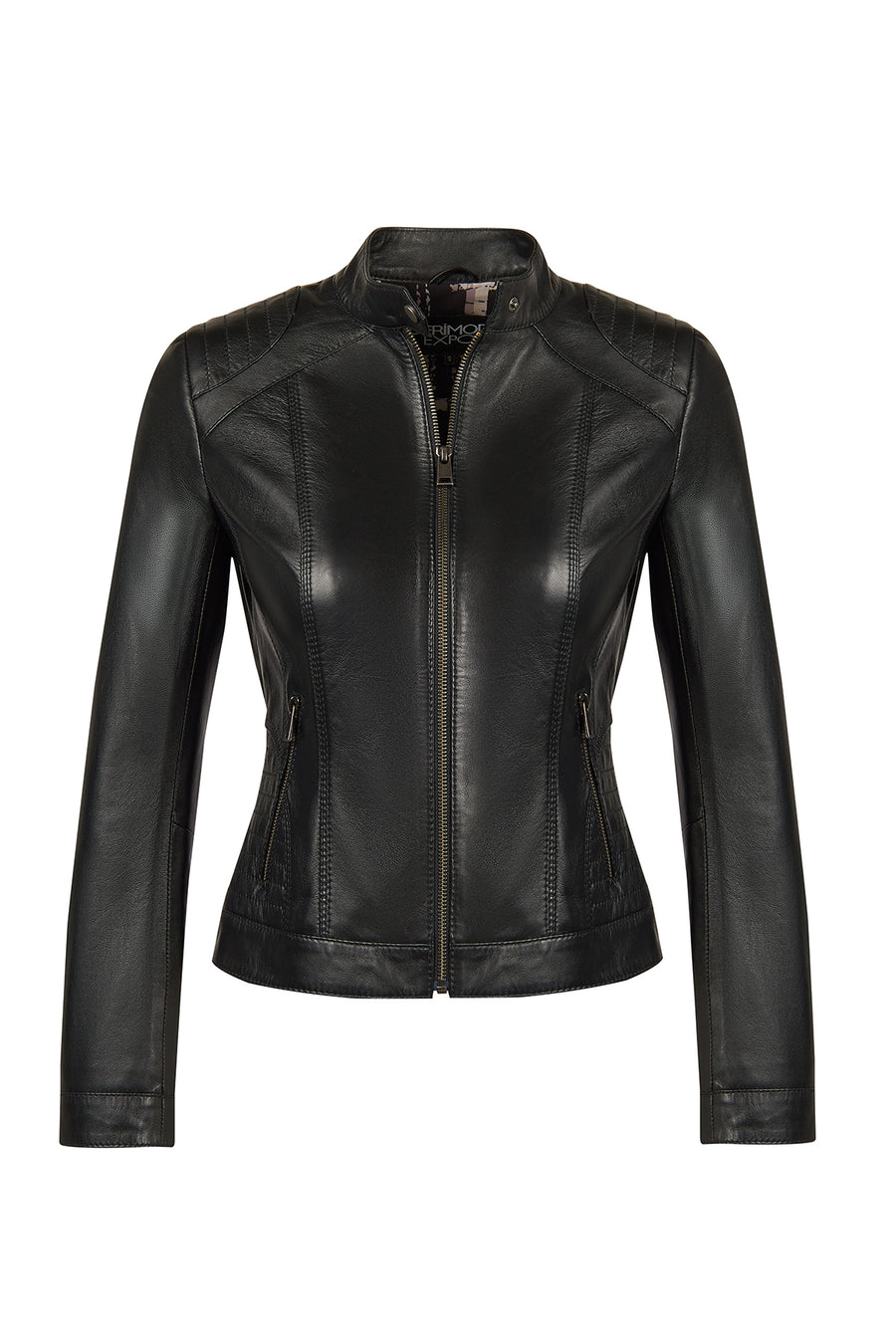 Sandy Woman Black Mandarin Collar Short Leather Jacket
