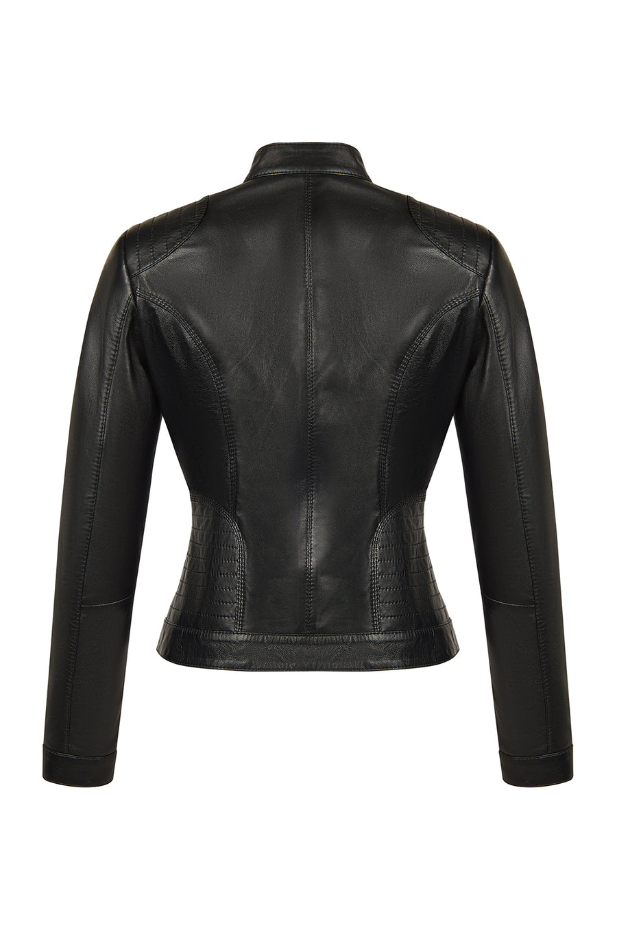 Sandy Woman Black Mandarin Collar Short Leather Jacket
