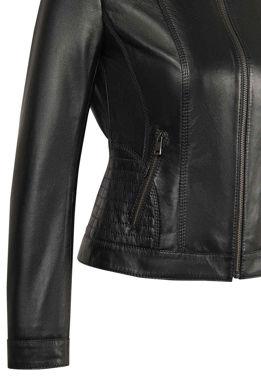 Sandy Woman Black Mandarin Collar Short Leather Jacket