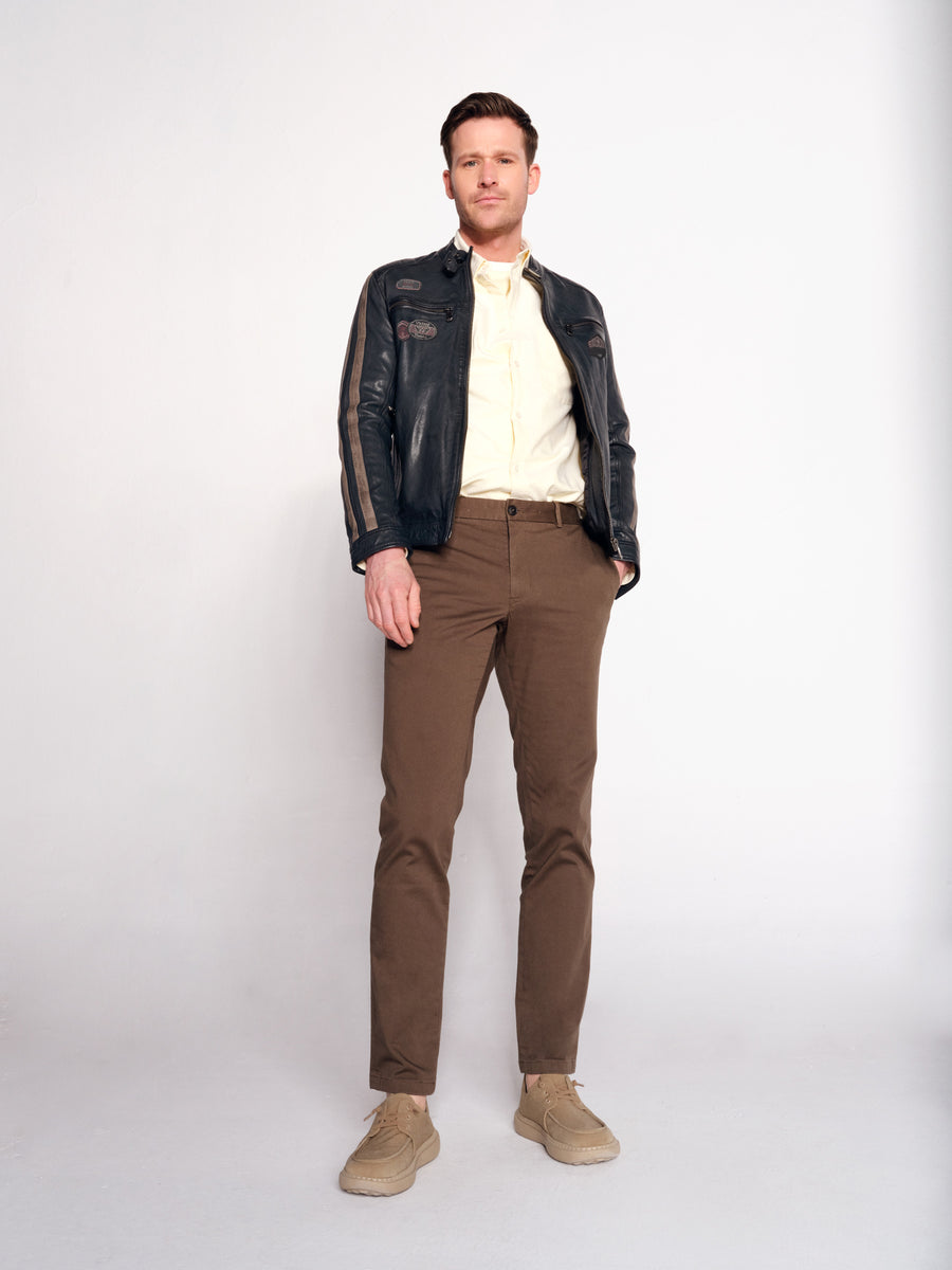 Pitstop Male Navy Sports Leather Jacket with Emblem 26SGM660451 | Derimod