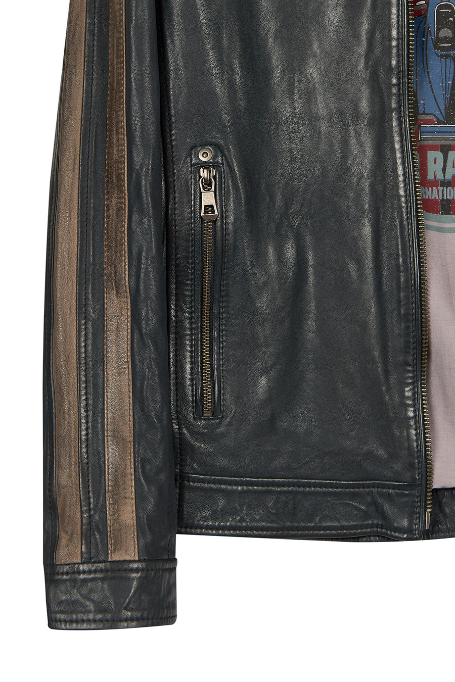 Pitstop Male Navy Sports Leather Jacket with Emblem