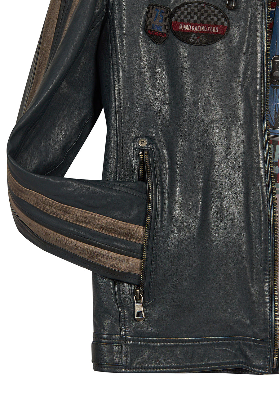 Pitstop Male Navy Sports Leather Jacket with Emblem