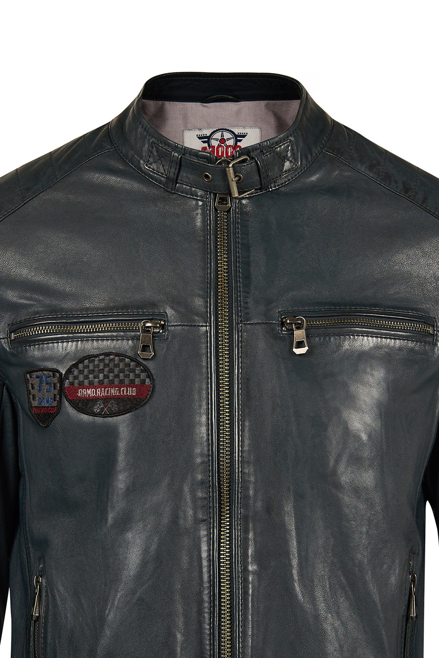 Pitstop Male Navy Sports Leather Jacket with Emblem