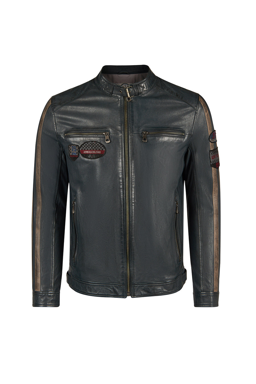 Pitstop Male Navy Sports Leather Jacket with Emblem