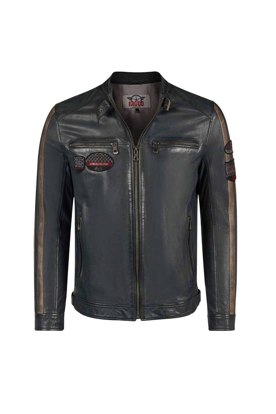 Pitstop Male Navy Sports Leather Jacket with Emblem