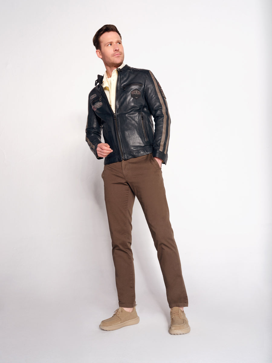 Pitstop Male Navy Sports Leather Jacket with Emblem