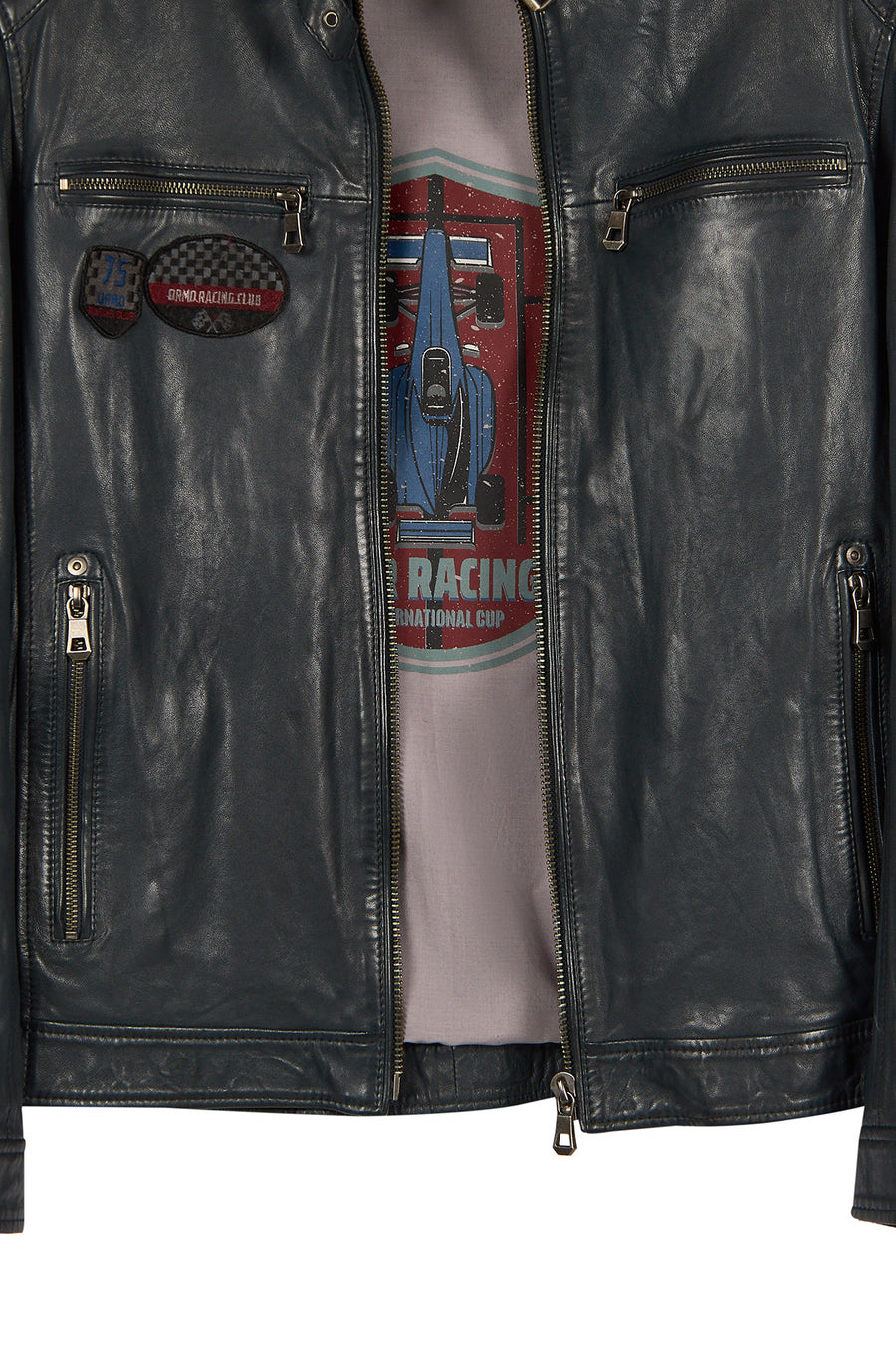 Pitstop Male Navy Sports Leather Jacket with Emblem