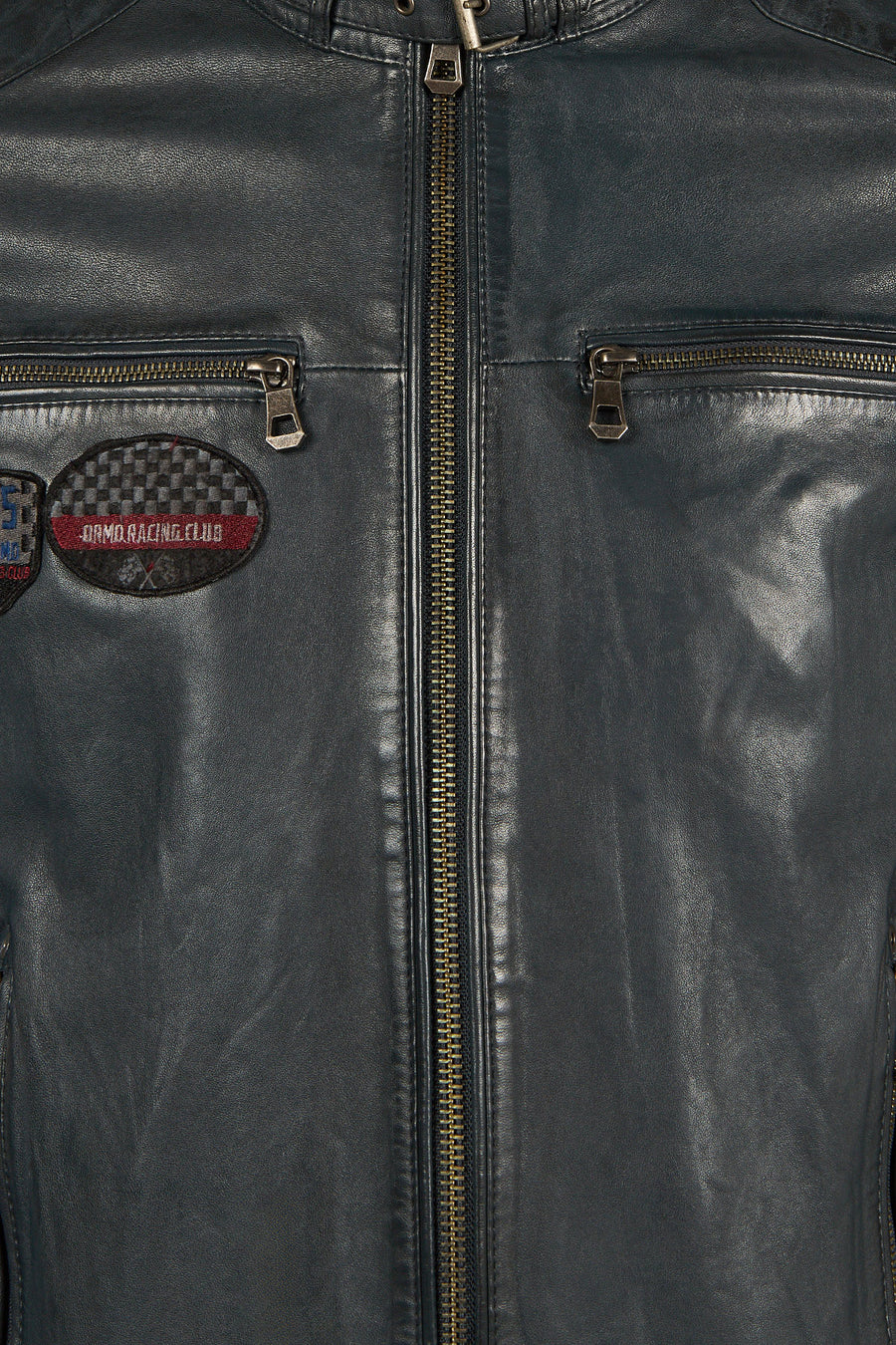 Pitstop Male Navy Sports Leather Jacket with Emblem