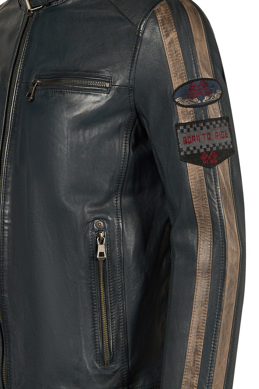 Pitstop Male Navy Sports Leather Jacket with Emblem