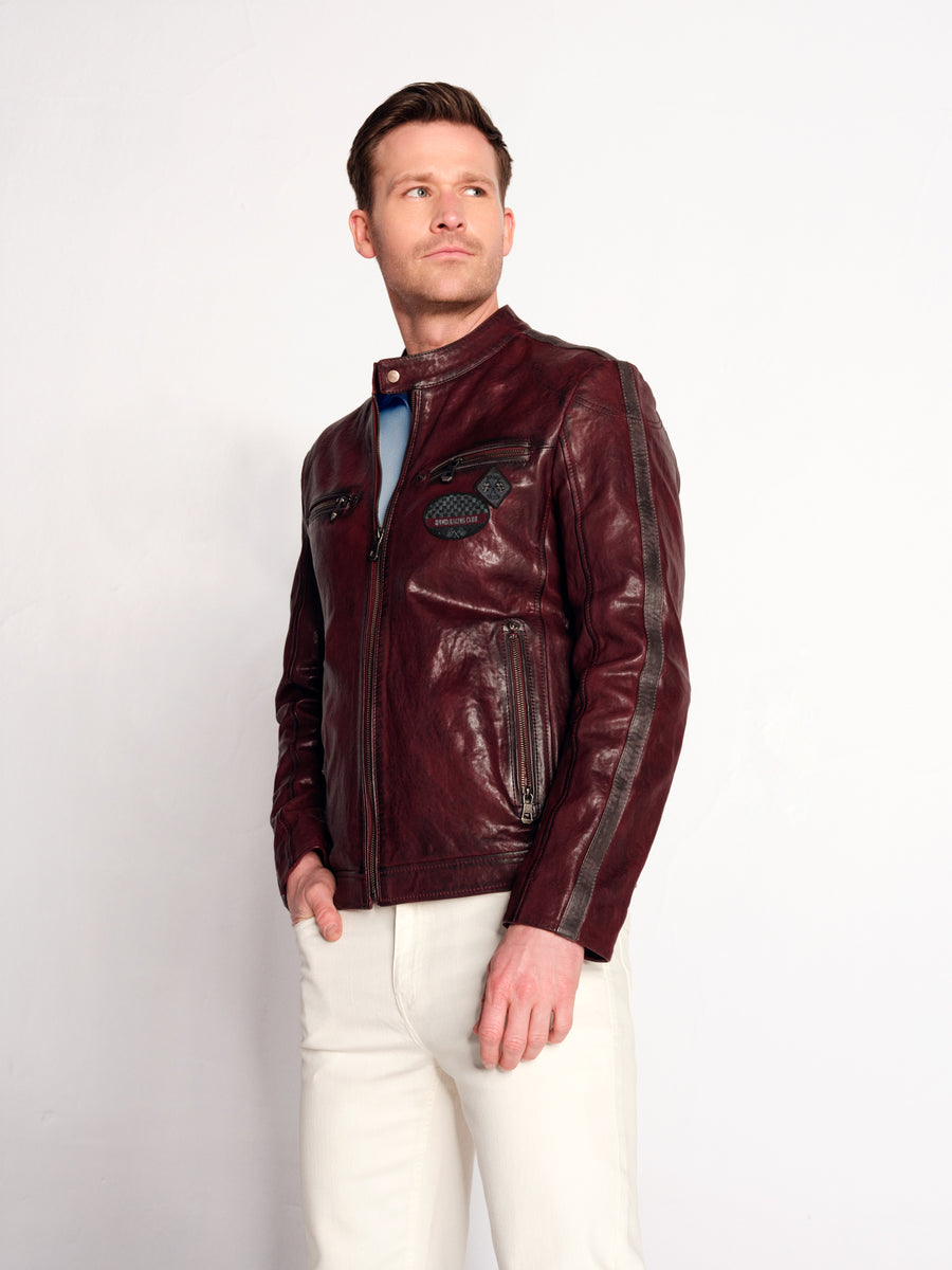Hamilton Male Burgundy Crest Sports Leather Jacket 26SGM660551 | Derimod