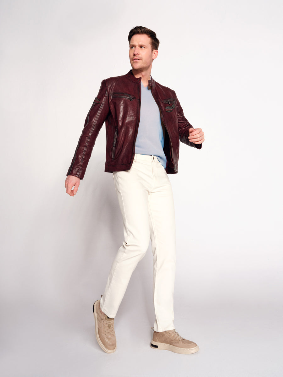Hamilton Male Burgundy Crest Sports Leather Jacket