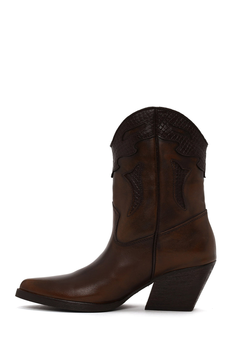 Woman Brown Short Chunky-Heeled Leather Cowboy Boots