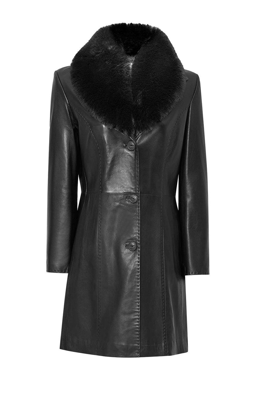 Christina Women's Black Fur Long Leather Coat