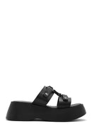 Women's Black Thick Soled Leather Slippers | Derimod