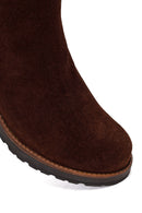 Woman Brown Zip Closure Chunky Heeled Suede Casual Boots | Derimod