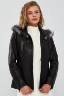 Audrey Women's Black Hooded Fur Leather Coat | Derimod