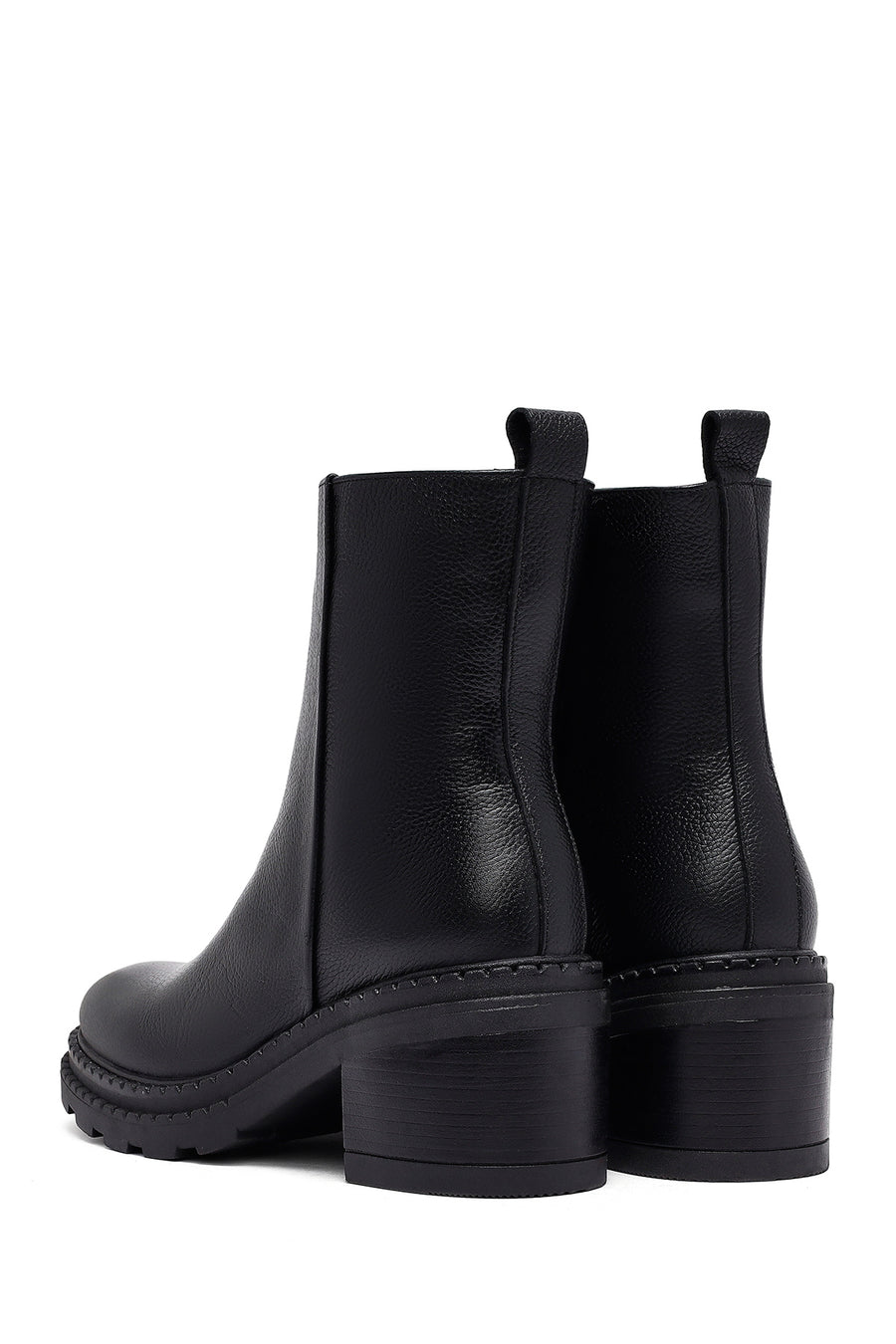 Woman Black Zip Closure Thick-Heeled Leather Boots