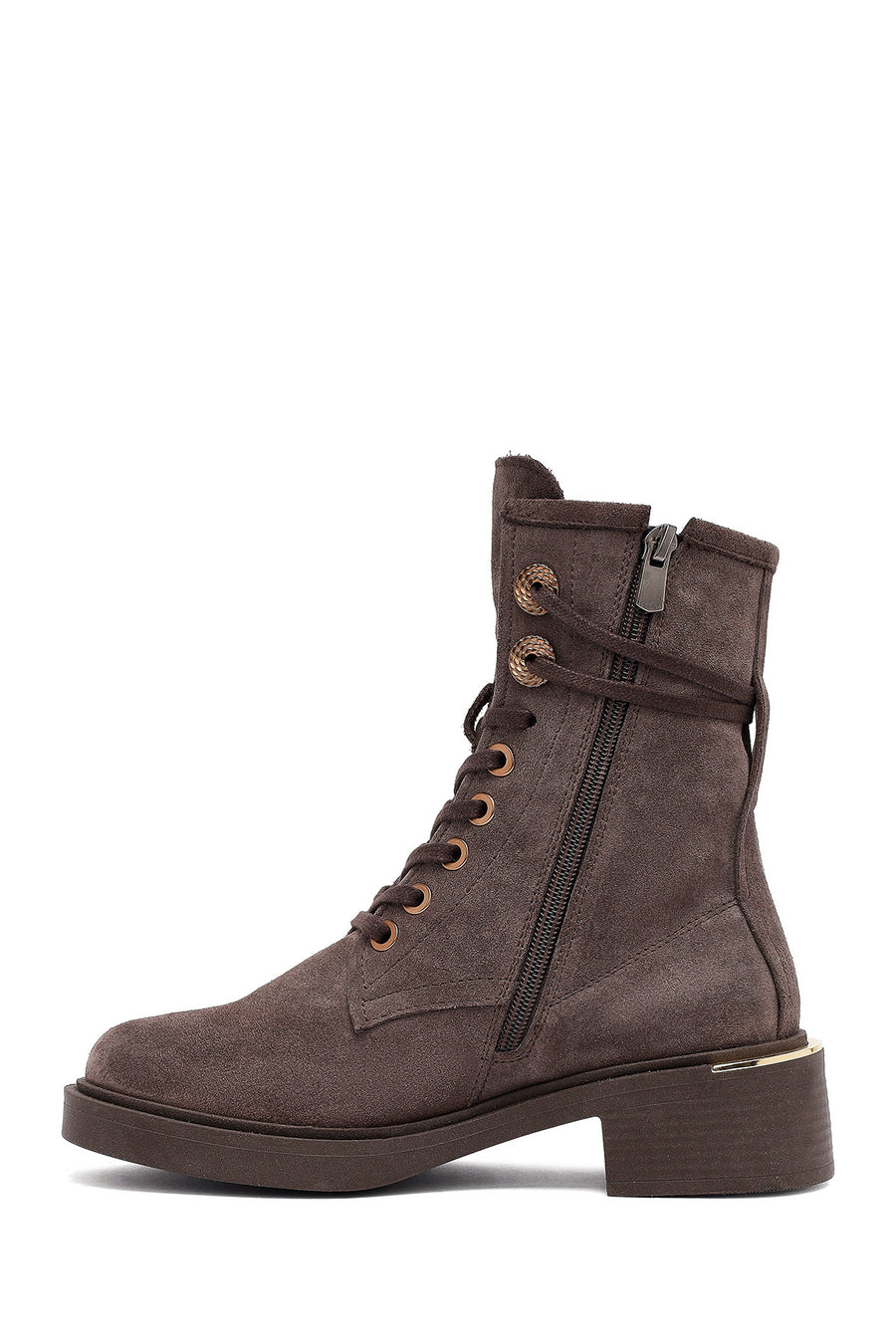 Women's Mink Zippered Lace-up Suede Leather Ankle Boots