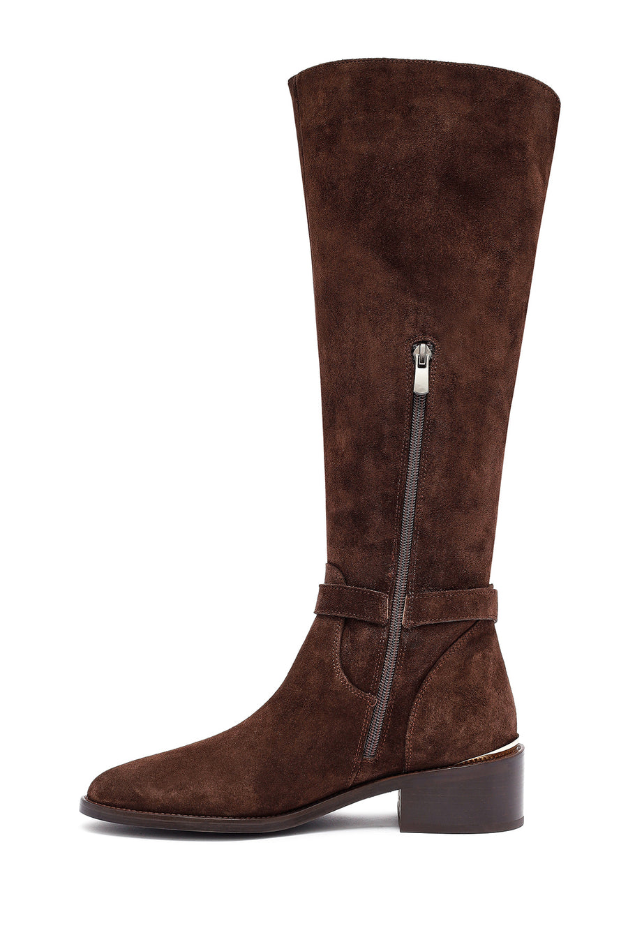 Woman Brown Zippered Low Heel Suede Leather Boot