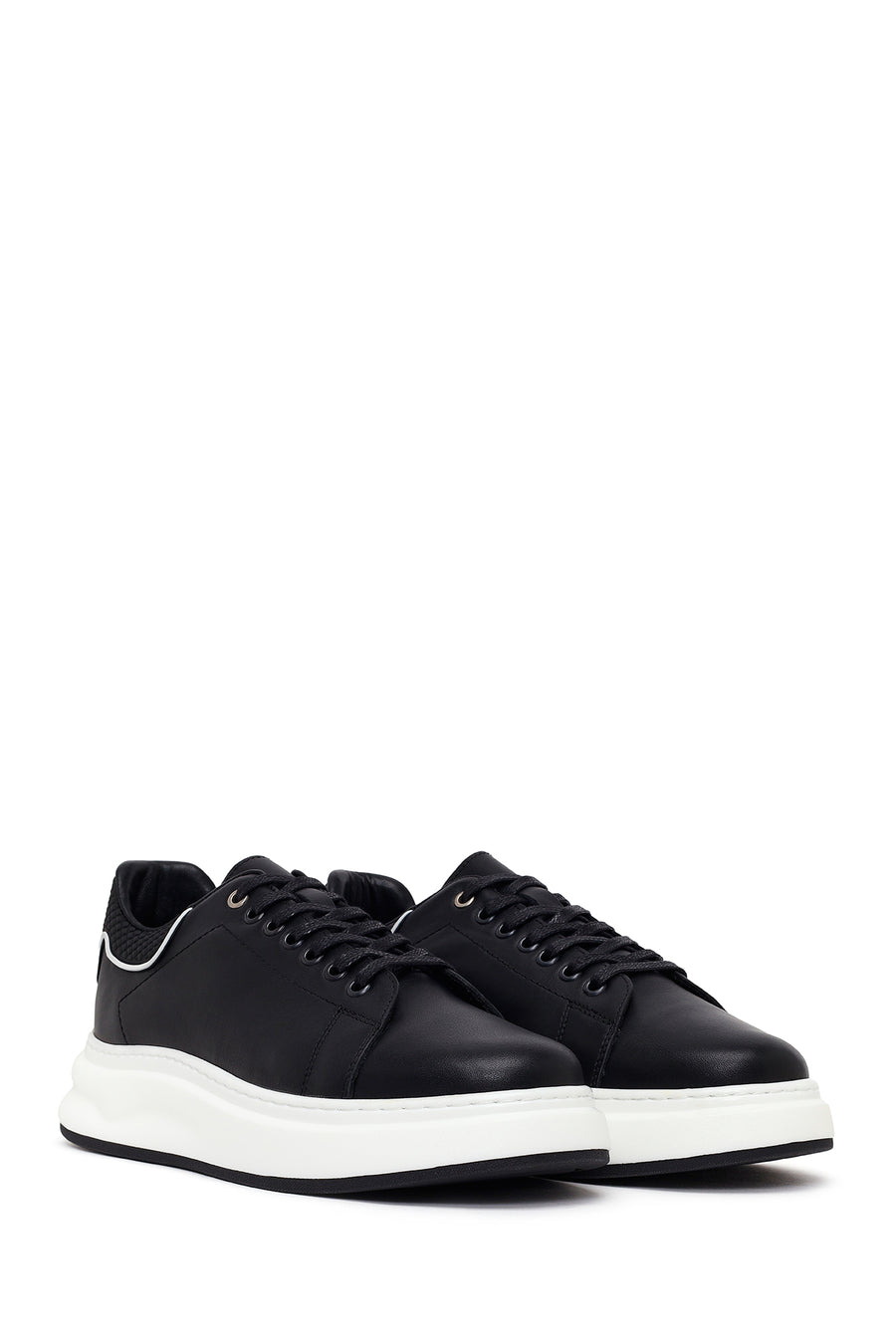 Men's Black Lace-up Thick-Sole Leather Sneaker