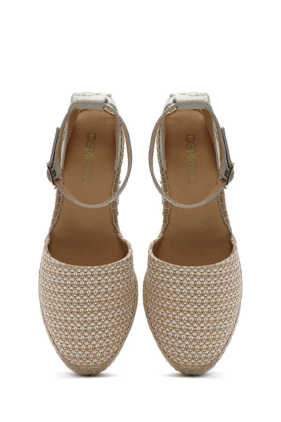 Women's Beige Buckle Ankle Wedge Heel Straw Leather Espadrille Sandals