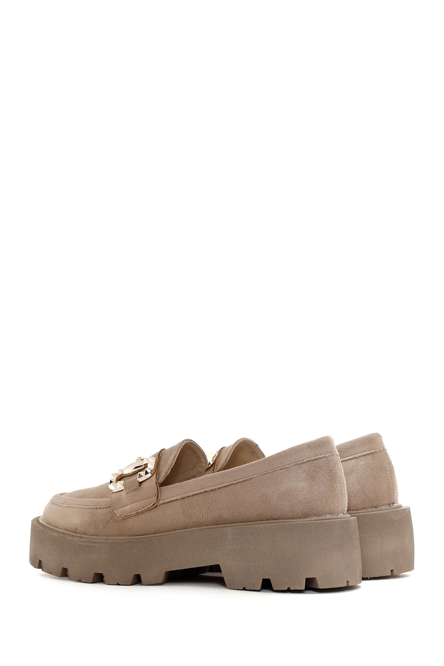 Kadın Bej Süet Tokalı Maskülen Loafer