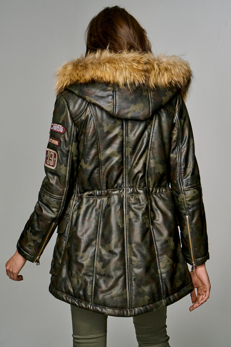Havana Women's Khaki Leather Coat with Fur Collar