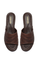 Women's Brown Patterned Short Chunky Heel Leather Slippers | Derimod