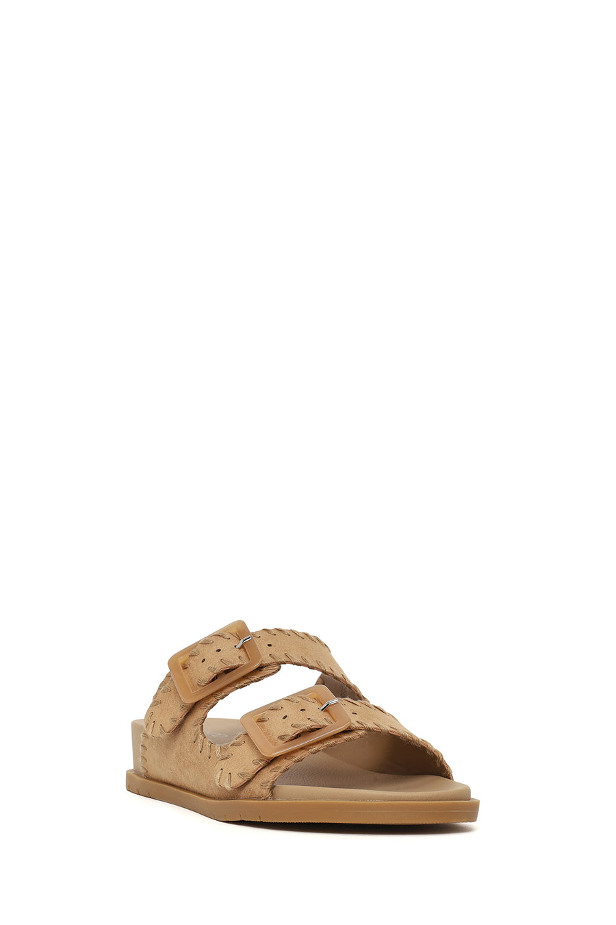 Woman Beige Double-Buckle Suede Slipper
