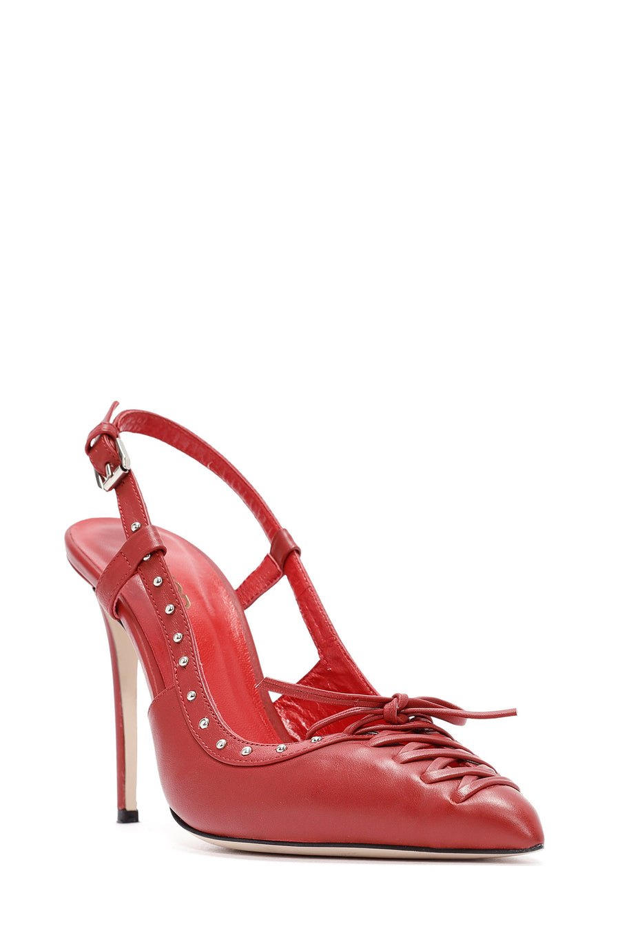 Women's Red Slingback High Thin Heel Leather Shoes