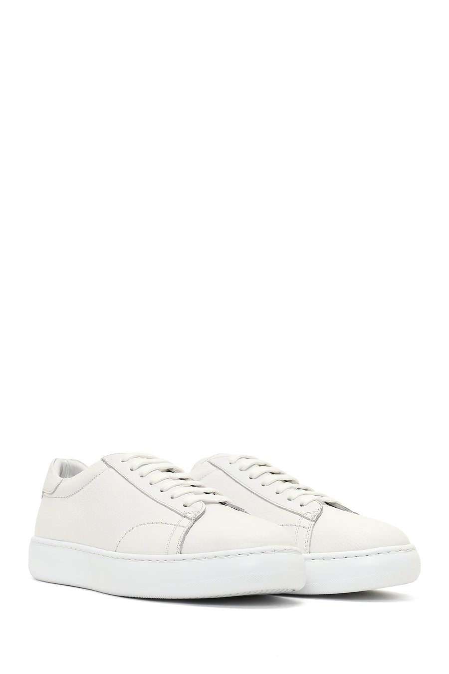 Men's White Lace-Up Thick-Soled Leather Sneaker