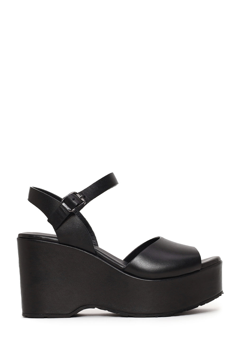 Woman Black Ankle-Buckle Wedge-Heel Leather Sandal 26SFD141118 | Derimod